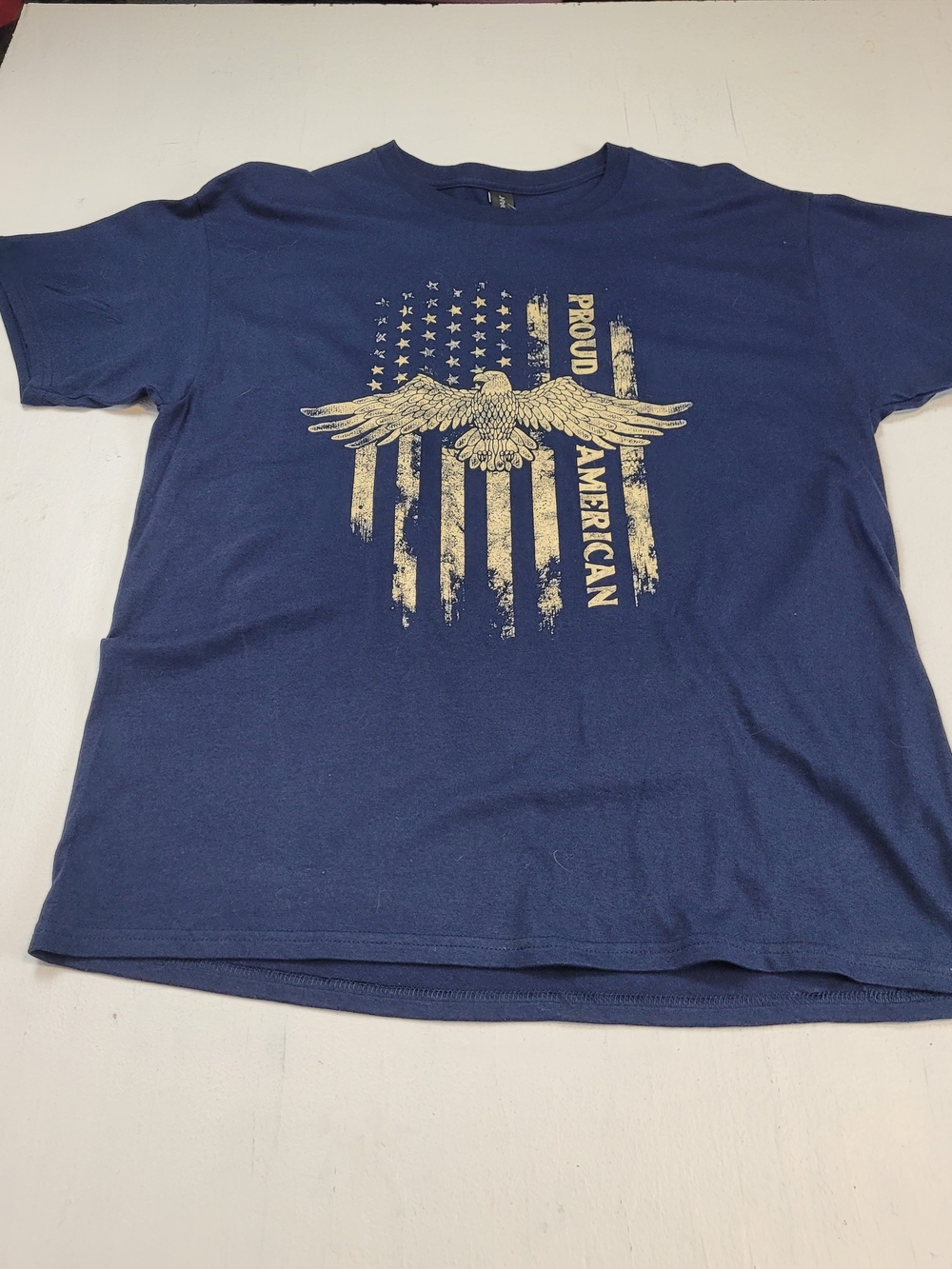 Gildan Navy Short Sleeve Tee with Distressed Eagle & Flag Graphic